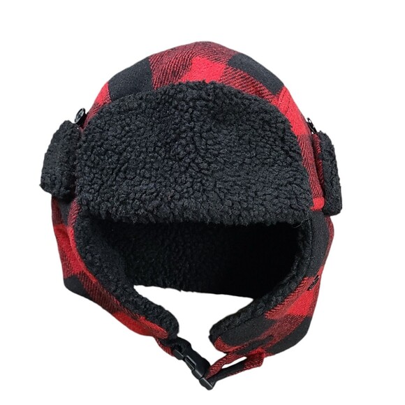 Eddie Bauer Red And Black Plaid Men's Trapper Hat Fleece Lined Ear Covers S/M - Picture 2 of 5